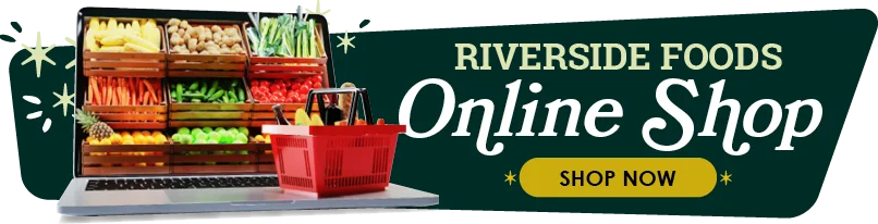 Banner for Riverside Foods Online Shop with a laptop showing produce and a shopping basket.